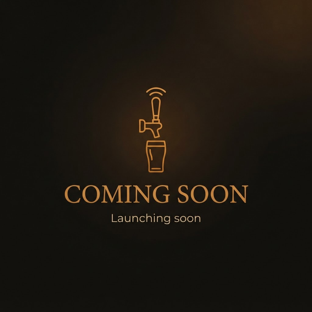 A Coming Soon teaser card in the Barkeep amber and stout palette with a beer tap and wireless signal icon.