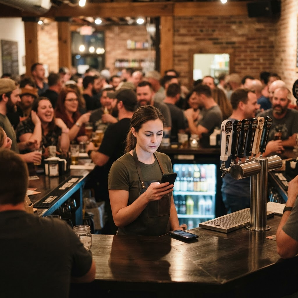 A bartender calmly checking a real-time alert on their phone behind the bar while a busy crowd fills the taproom on a Friday night.