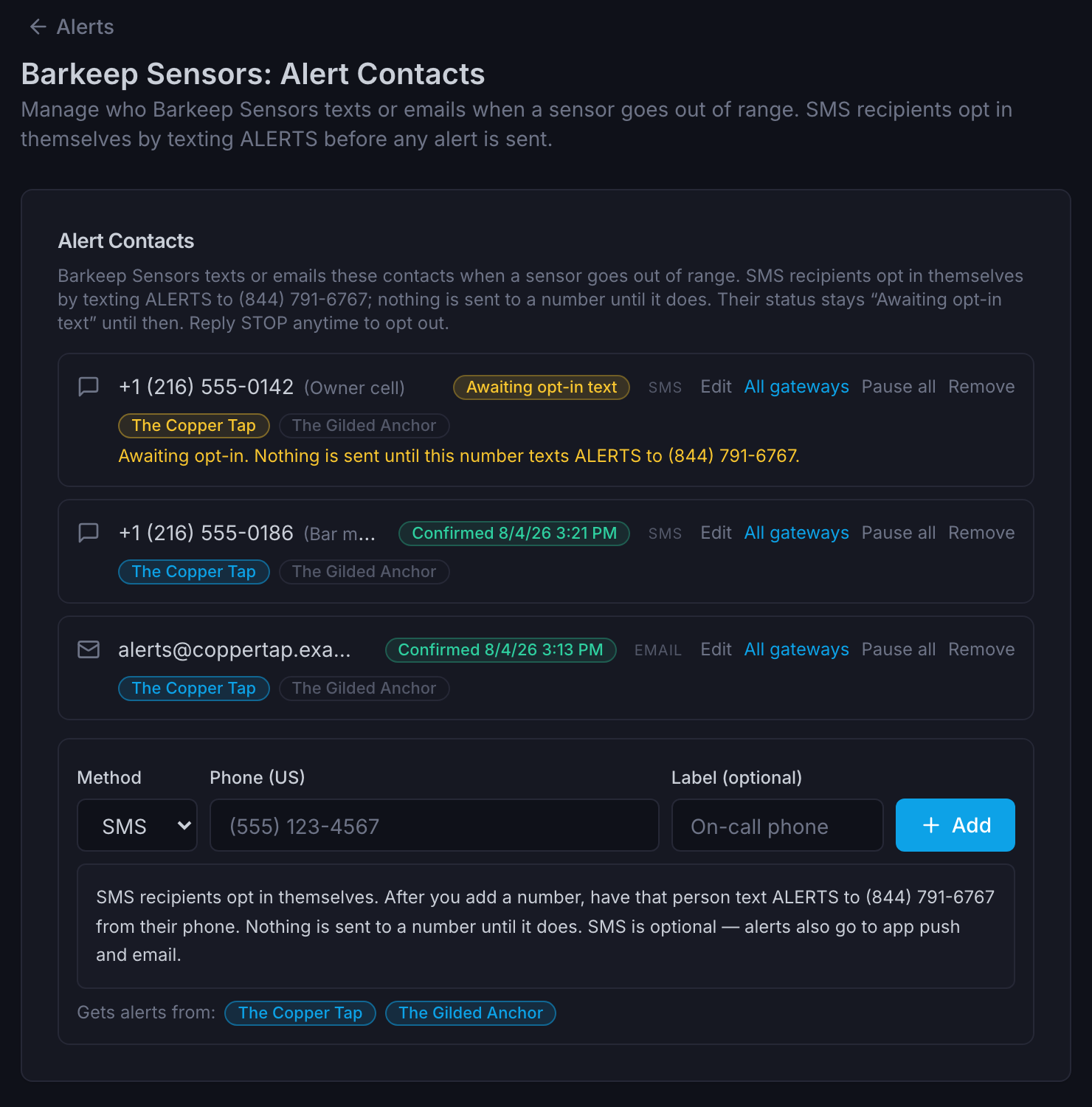 Barkeep Sensors Alert Contacts screen. A pending SMS recipient is marked 'Awaiting opt-in text' with the line 'Awaiting opt-in. Nothing is sent until this number texts ALERTS to (844) 791-6767.' Below is the Add form with Method, Phone and Label fields, and the note: 'SMS recipients opt in themselves. After you add a number, have that person text ALERTS to (844) 791-6767 from their phone. Nothing is sent to a number until it does. SMS is optional - alerts also go to app push and email.'