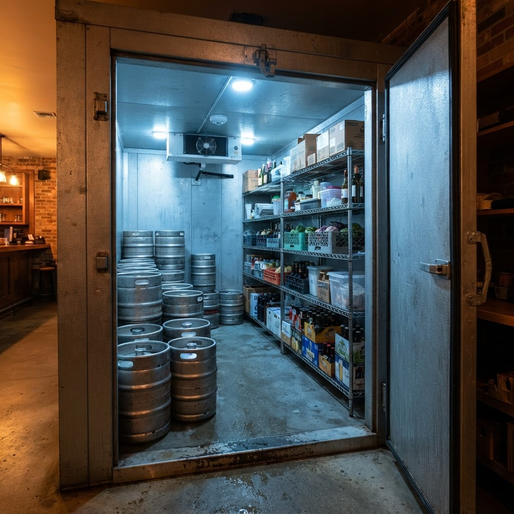 Inside a commercial walk-in cooler stacked with kegs and cases under cold light.